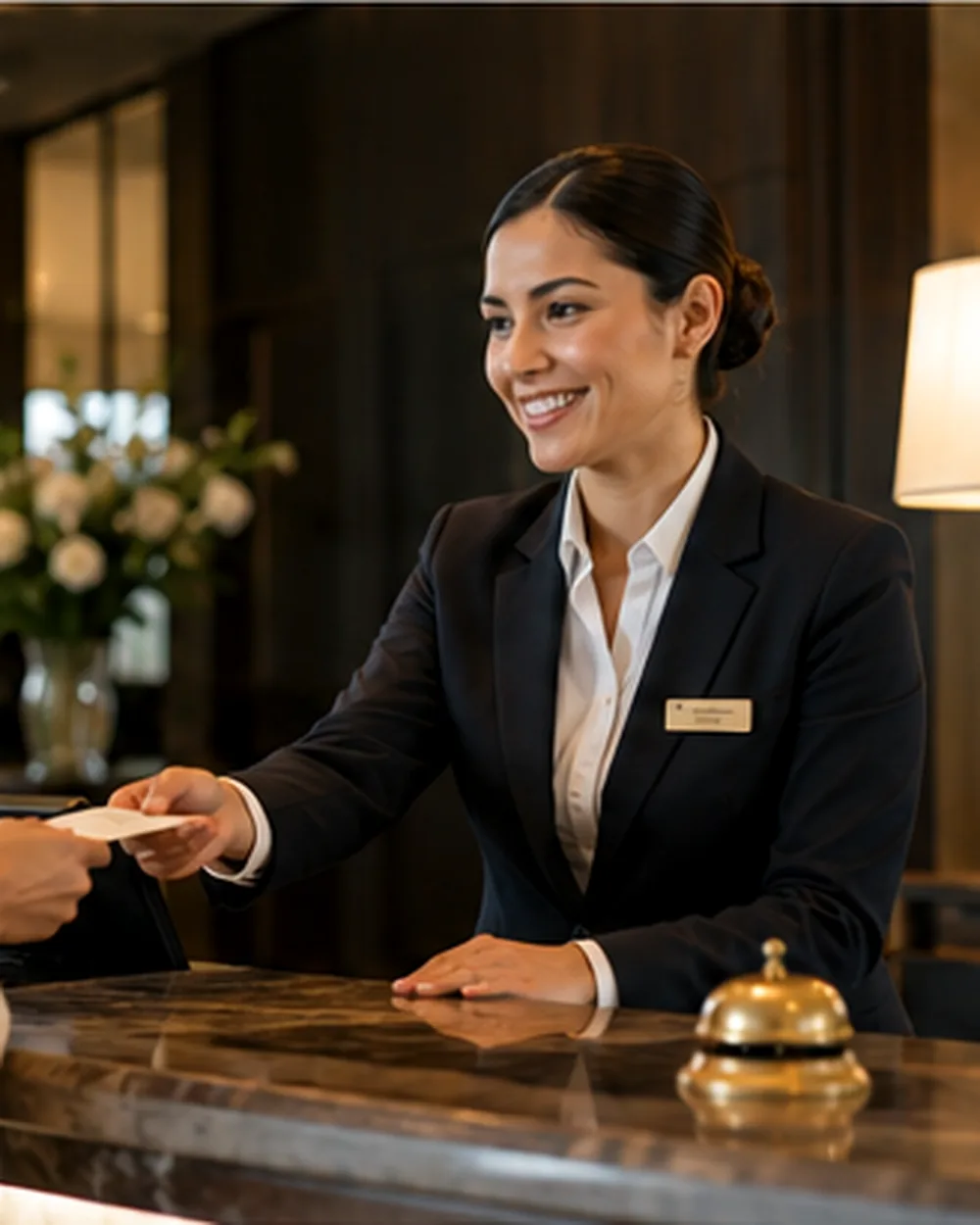 Profesional de hotelería y hospitalidad atendiendo a huéspedes