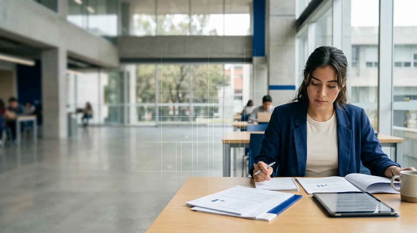 Estudiante de Contaduría analizando información en un entorno académico profesional