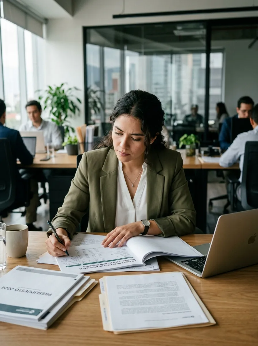Profesional de Contaduría analizando información financiera en un entorno empresarial